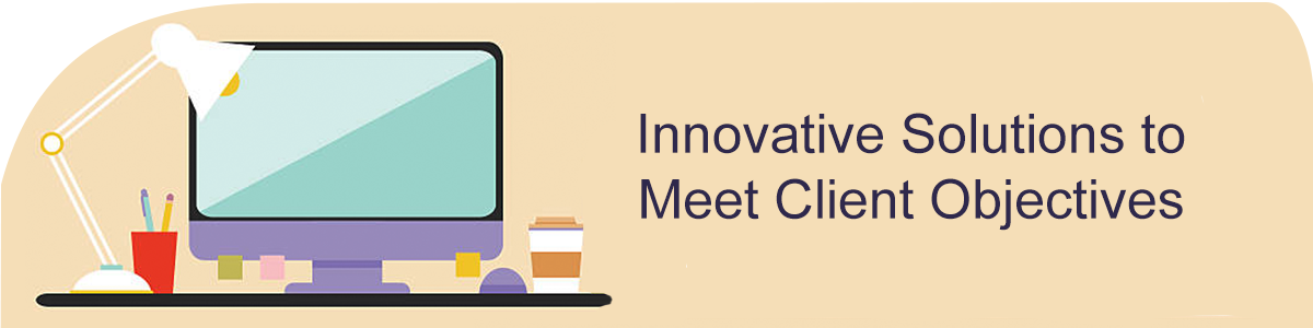graphic banner with illustration of laptop and text "innovative solutions to meet client needs