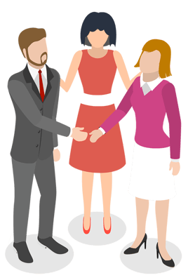 Illustration of 3 people cooperating in a group, shaking hands