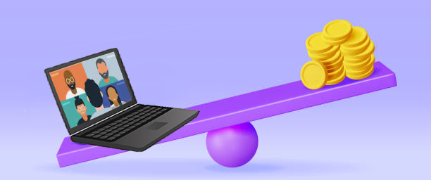 graphic illustration of teeter totter with a computer on one end and gold coins on the other